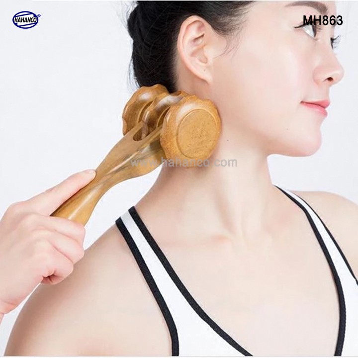 Cây lăn massage toàn thân 3 bánh gai đa năng bằng gỗ thơm / xua tan nỗi lo đau nhức [MH863]